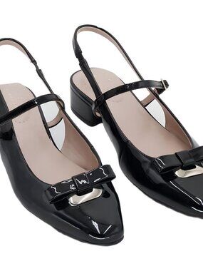 Bandolino Womens Adana Bow Slip Sling-back Block Heel Black Patent Sz 7.5M